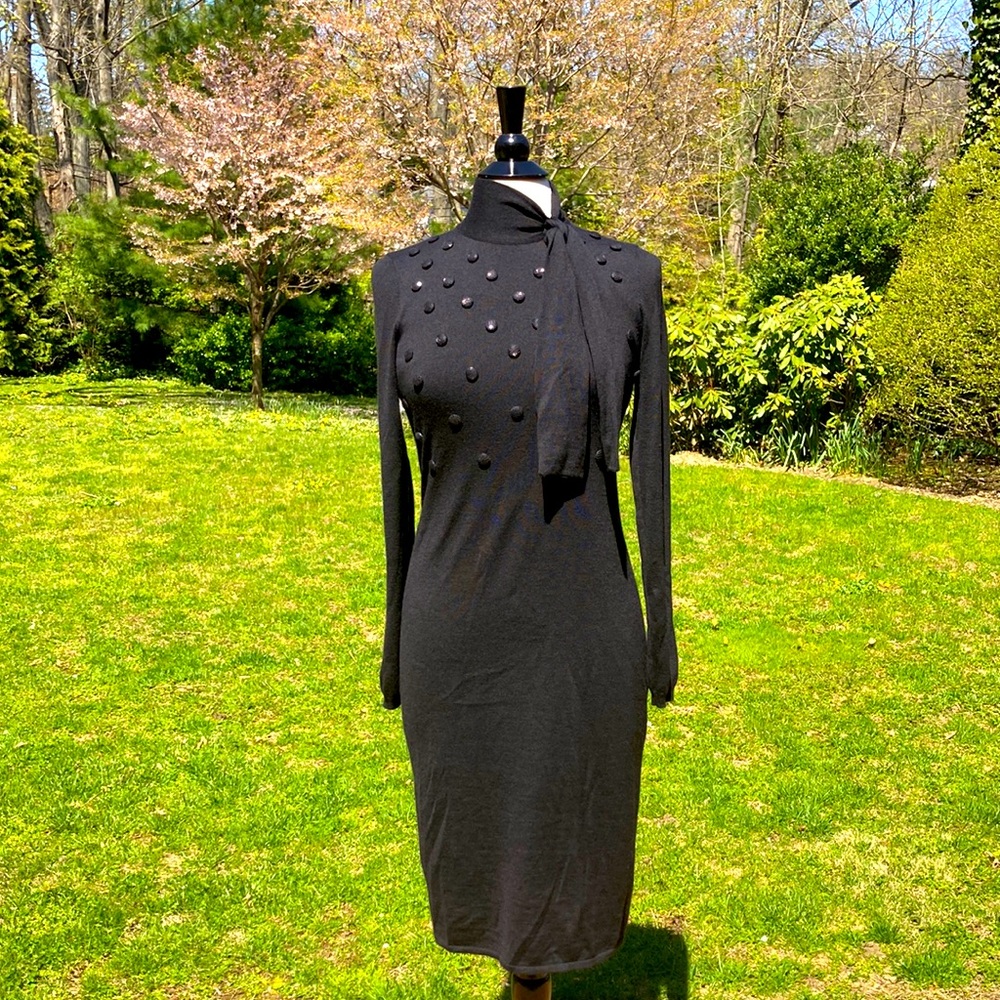 Christian Dior Italy black knit crystal button tie  hi-neck lined midi dress VTG
